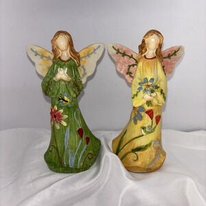Vintage Resin Hand Painted Faceless Angel Figurines Carved Floral Birds Set of 2